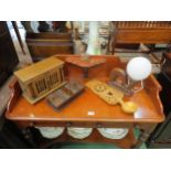 Five wooden mid-20th Century items including a carved table lamp of whale form with glass ball shade