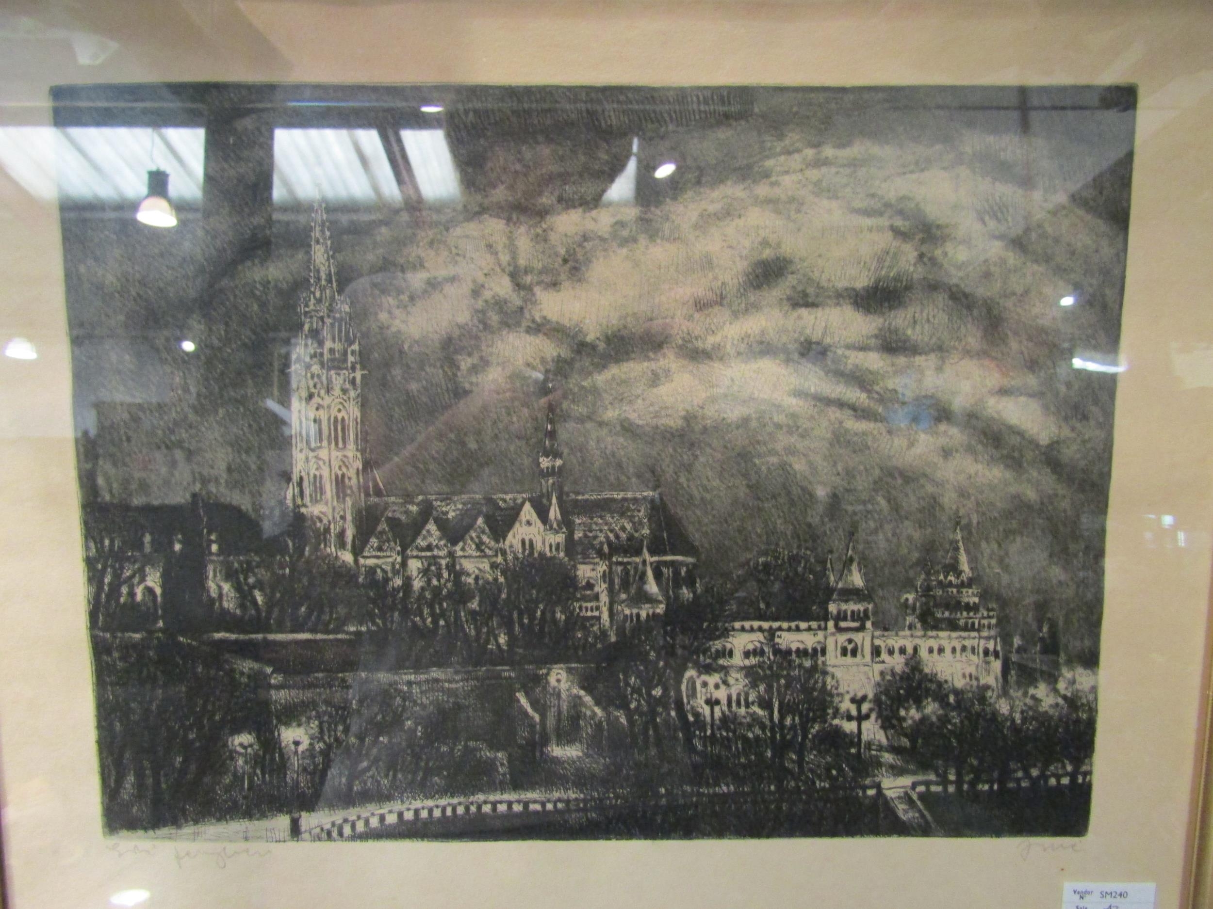 A pencil signed etching of a Cathedral, framed and glazed, 39cm x 48cm