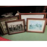 An oak framed pictorial 19th Century etching "Steeplechasing at Aldershot" and rural life