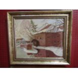 An oil on board depicting a winter scene with water mill. Indistinctly signed lower right, framed,