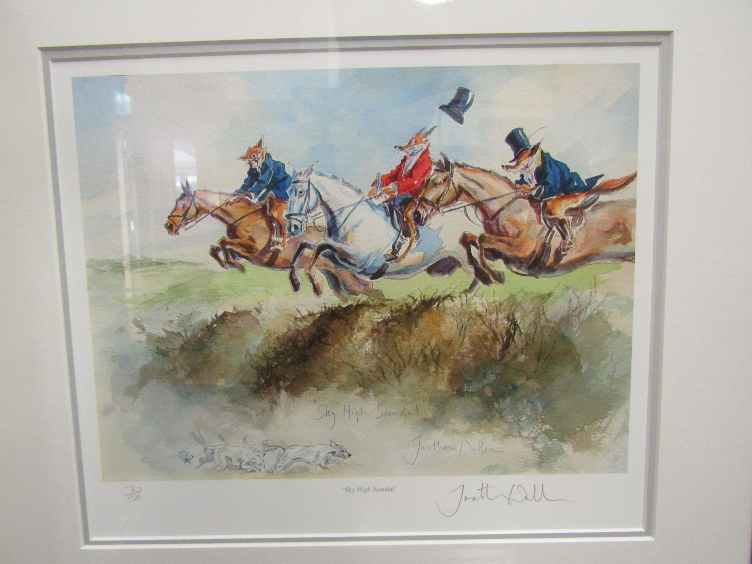 Two humorous fox hunting prints entitled "Sky High Scandal" and "The Game Begins", both pencil - Image 2 of 2