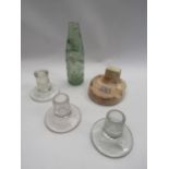 Three LNER candle holders codd bottle and an LMS ashtray (5)