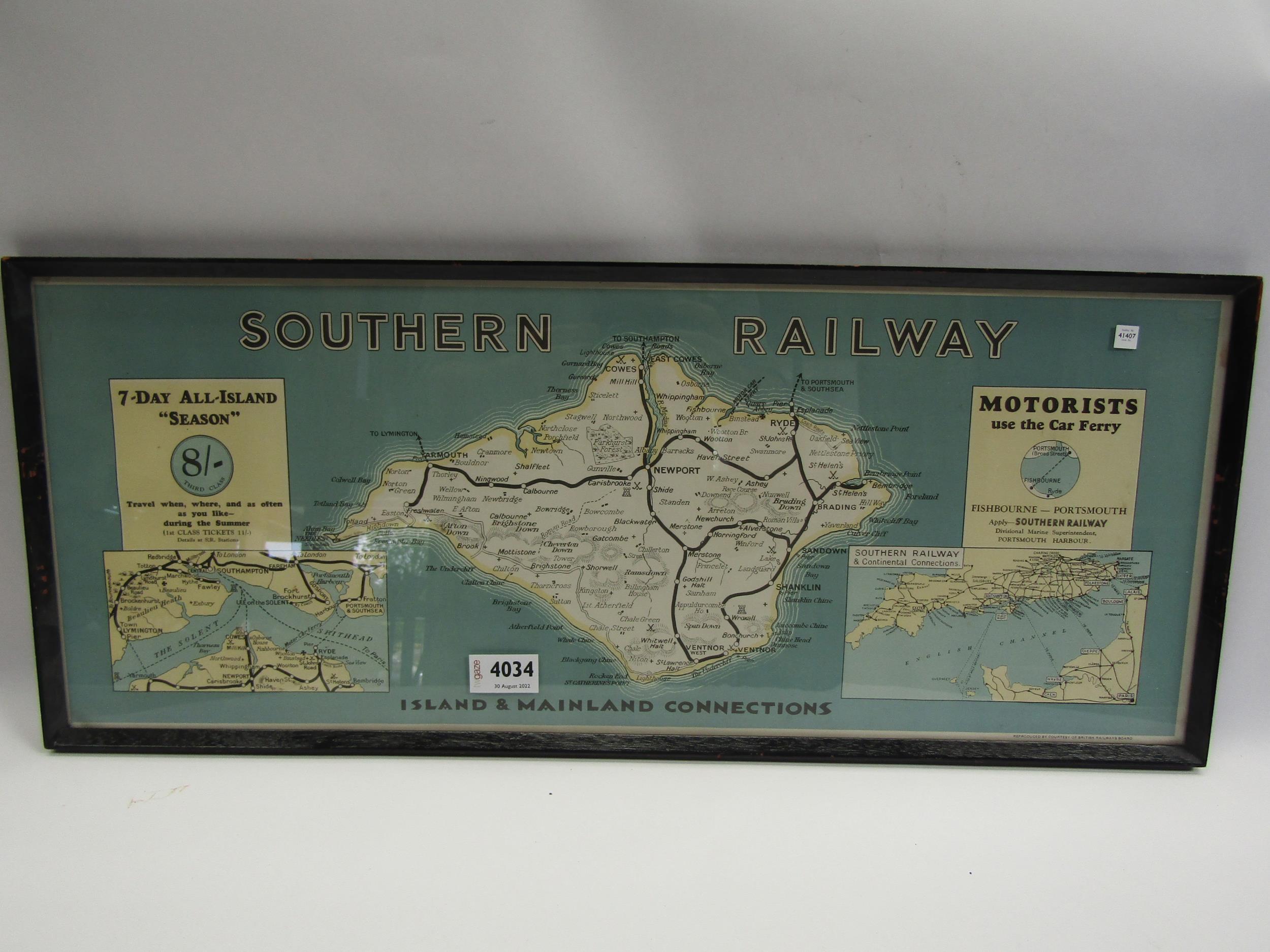 Framed railway carriage print with map of Southern Railway Isle Of White System, 64.5 x 27cm