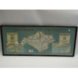 Framed railway carriage print with map of Southern Railway Isle Of White System, 64.5 x 27cm