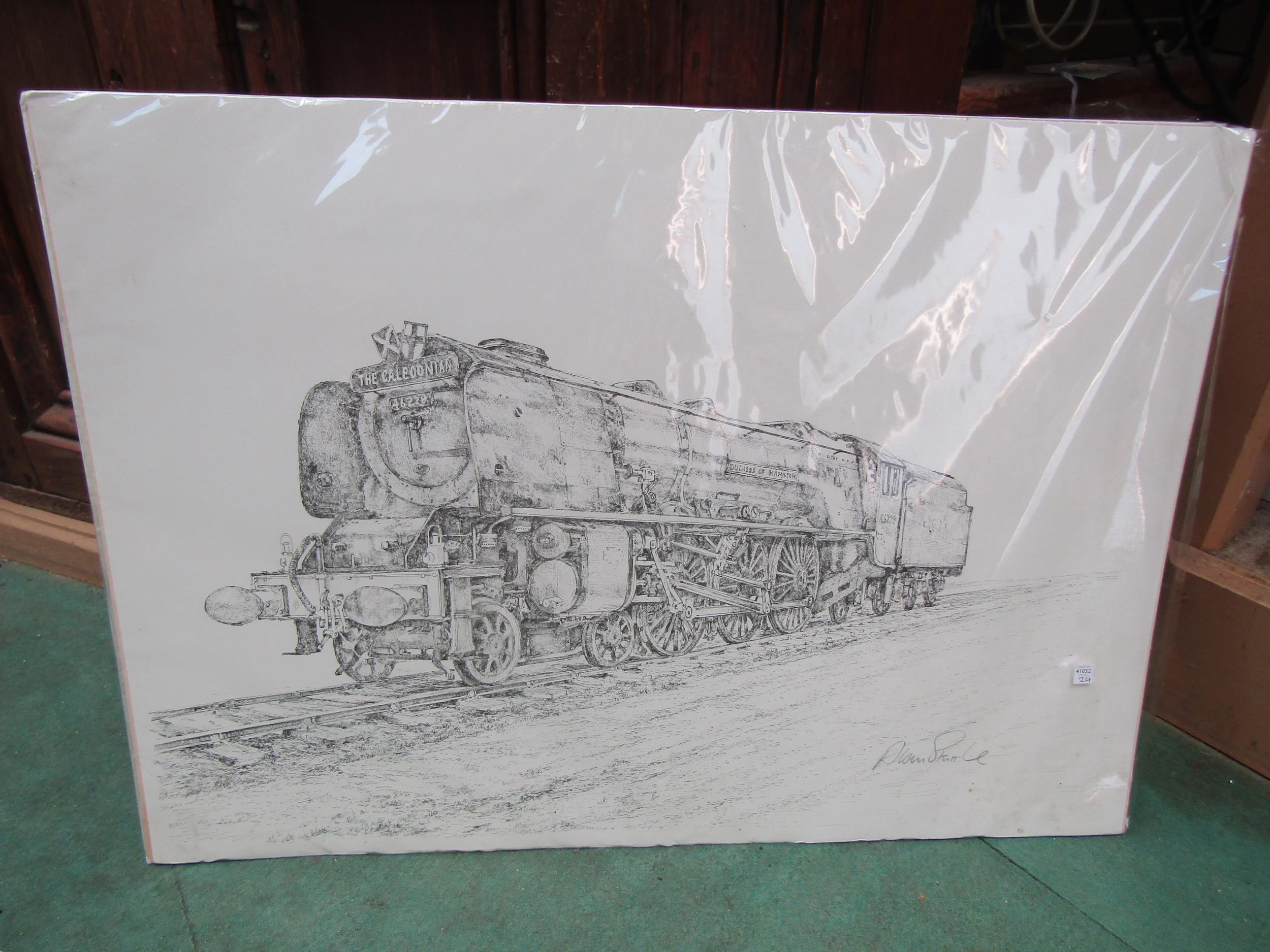 A pen & ink drawing of locomotive 46229, "Duchess of Hamilton", signed bottom right.
