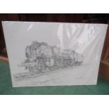 A pen & ink drawing of locomotive 46229, "Duchess of Hamilton", signed bottom right.