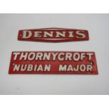 An aluminium Thornycroft Nubian Major Fire Engine plaque and similar Dennis plaque, 29 x 8cm and
