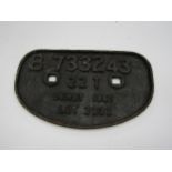 A cast iron wagon plate B.733243 Derby 1961