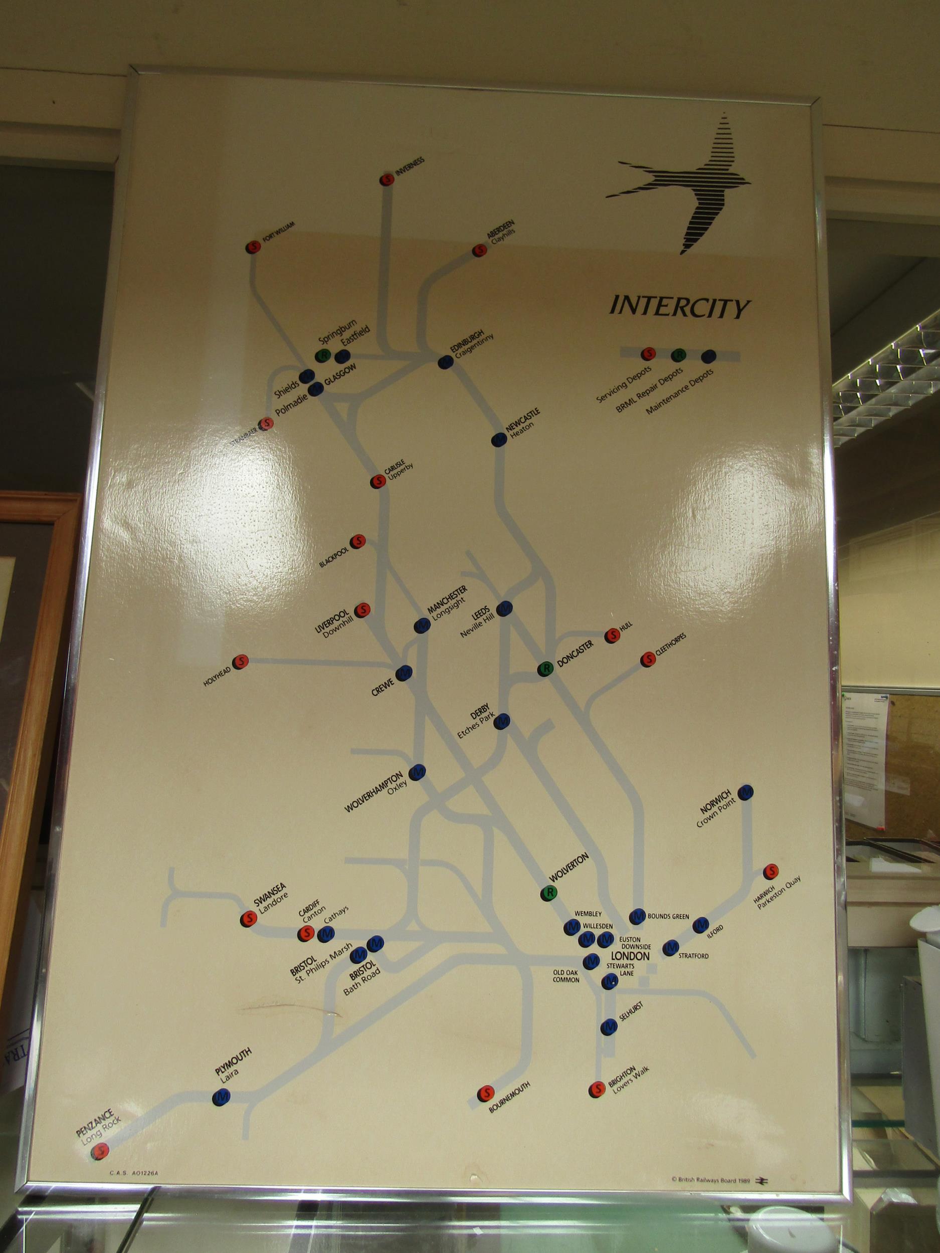 A framed Intercity depot map showing servicing, repair and maintenance depots of England, Wales