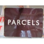 An enamel B.R (W) fully flanged enamel sign - PARCELS, some chips to the front and sides, 61 x 45.