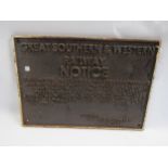A cast iron sign - Great Southern & Western Railway Notice, 38.5 x 27cm