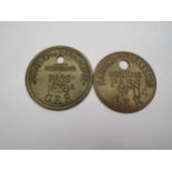 Two brass GER workmen's pass for Harwich - Parkston and Parkston - Manningtree numbered 38A and 114