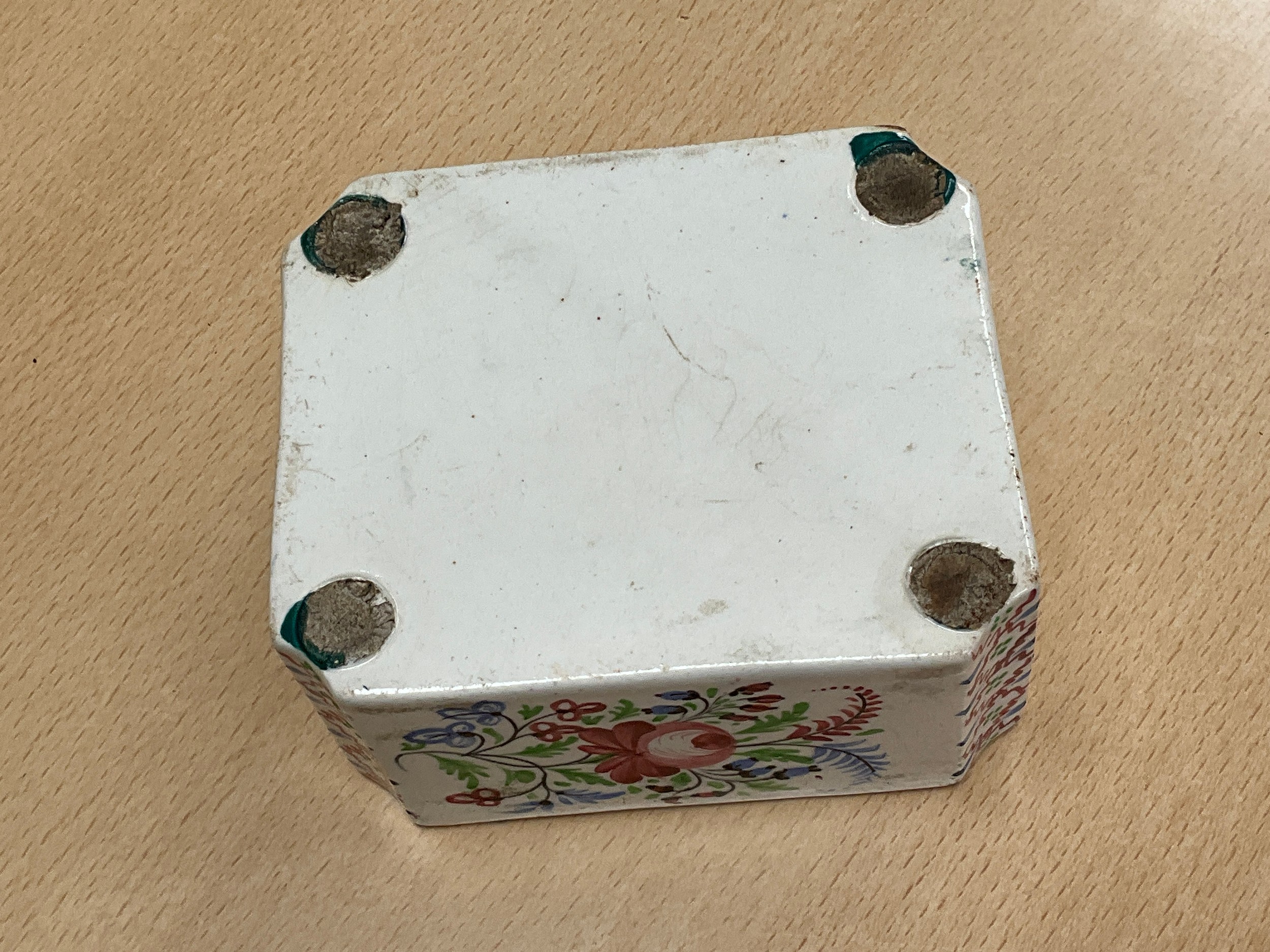 A Victorian ceramic money box, hand painted canted rectangular form, twin slots, Sarah Ann Wilson - Image 2 of 2