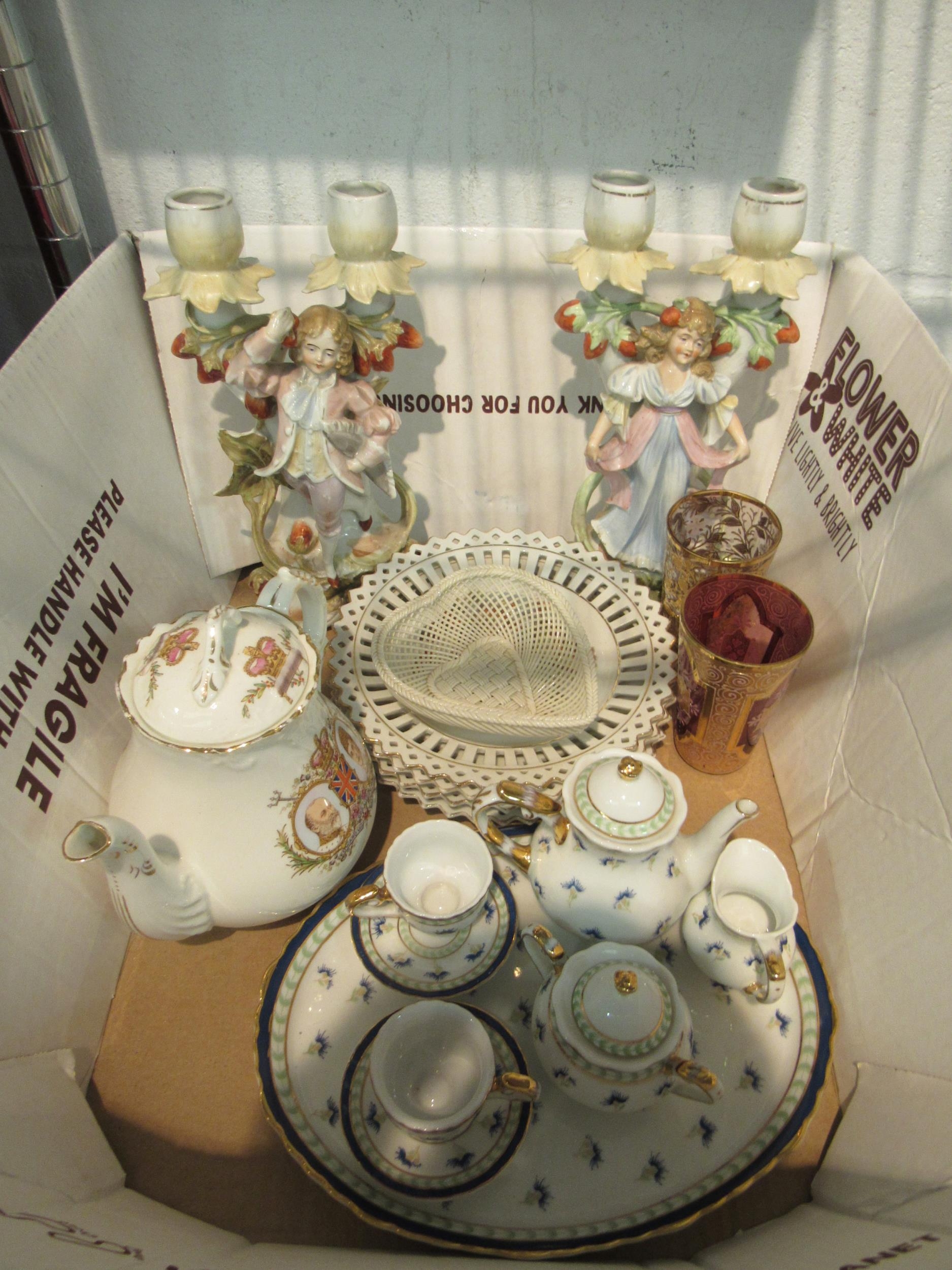 A box of mixed ceramics: Victorian figural candlesticks, modern child's tea set, Coronation