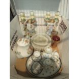 A box of mixed ceramics: Victorian figural candlesticks, modern child's tea set, Coronation