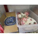 Two boxes of mixed chinaware, blue and white "Willow" Ware plates and pink and white "Adams" English