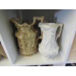 Four Victorian moulded jugs: Greek mythology examples, Diana, Dionysus, possibly Leda and The Swan