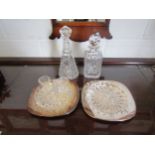 Two crystal glass decanters, a pair of thistle form small vases and two serving dishes (6)