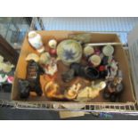 A box of miniature china ornaments including figures, vases etc.