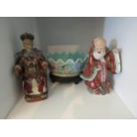 Two Oriental figures, a/f and a bowl on stand (3)