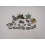 Marcasite brooches and earring and assorted bijouterie including tourist panel bracelet