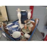 Mixed ceramics including a Jeff Banks vase, willow pattern cups and saucers, crested wares and