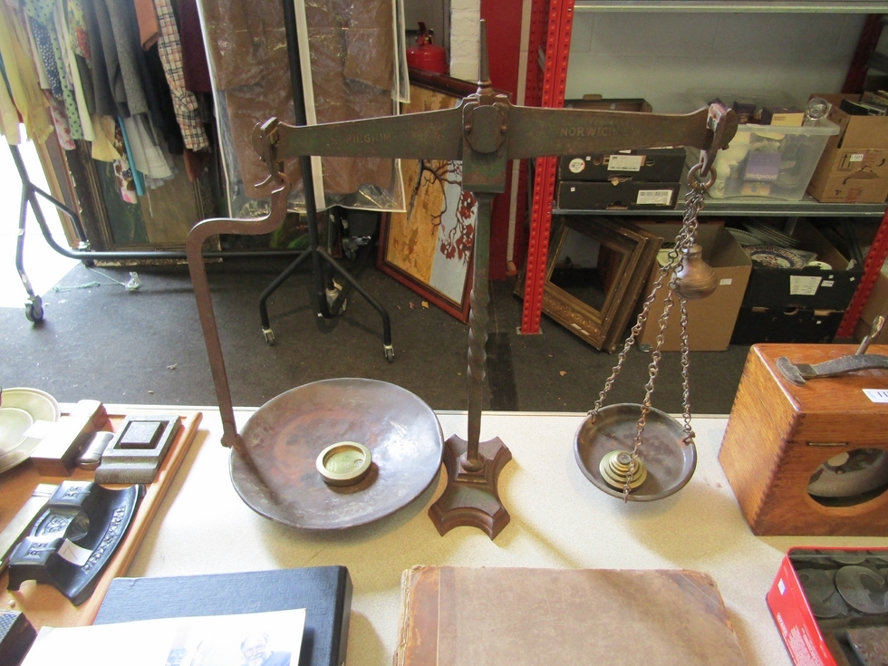 A Victorian set of scales with original sign writing (Pilgrim Norwich)