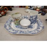 A 19th Century blue and white 'Rose Wreath' meat plate, 'trust in god' harvest mug a/f, jug, tankard