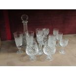 A selection of cut glass by Waterford, Thomas Webb and Edinburgh crystal. Also a cut glass decanter