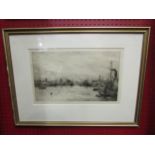 A William Wyllie etching depicting steam boats on the Thames, pencil signed lower left, framed and