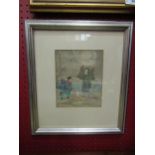 An Oriental watercolour of two figures in snow scene, framed and glazed, 19cm x 15cm