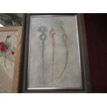 LINDA DACEY: "Three Artefacts" watercolour wax on wood, 45cm x 30cm