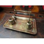 A brass Indian desk tray with dip pen holders and brass inkwells, including dip pen, 24cm long