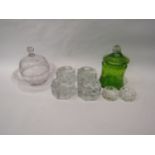 A green glass lidded jar "Moser fe" etched at base, a pair of glass salts, dome shaped Victorian