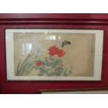 An Oriental painting on paper of flowers and butterfly in bamboo effect frame (glass cracked) 39cm x