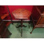 A circa 1860 parquetry inlaid and crossbanded hexagonal top wine table on a turned column and tripod