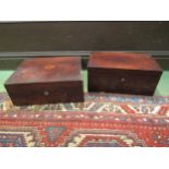 Two mahogany writing boxes, one with key and carry handles, a/f