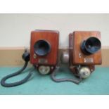 Two late 19th/ early 20th Century Hunningscone Patent battery wall mounting telephones in walnut