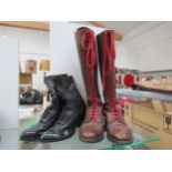 A pair of black Edwardian leather boots, leather and a pair of high brown leather boots