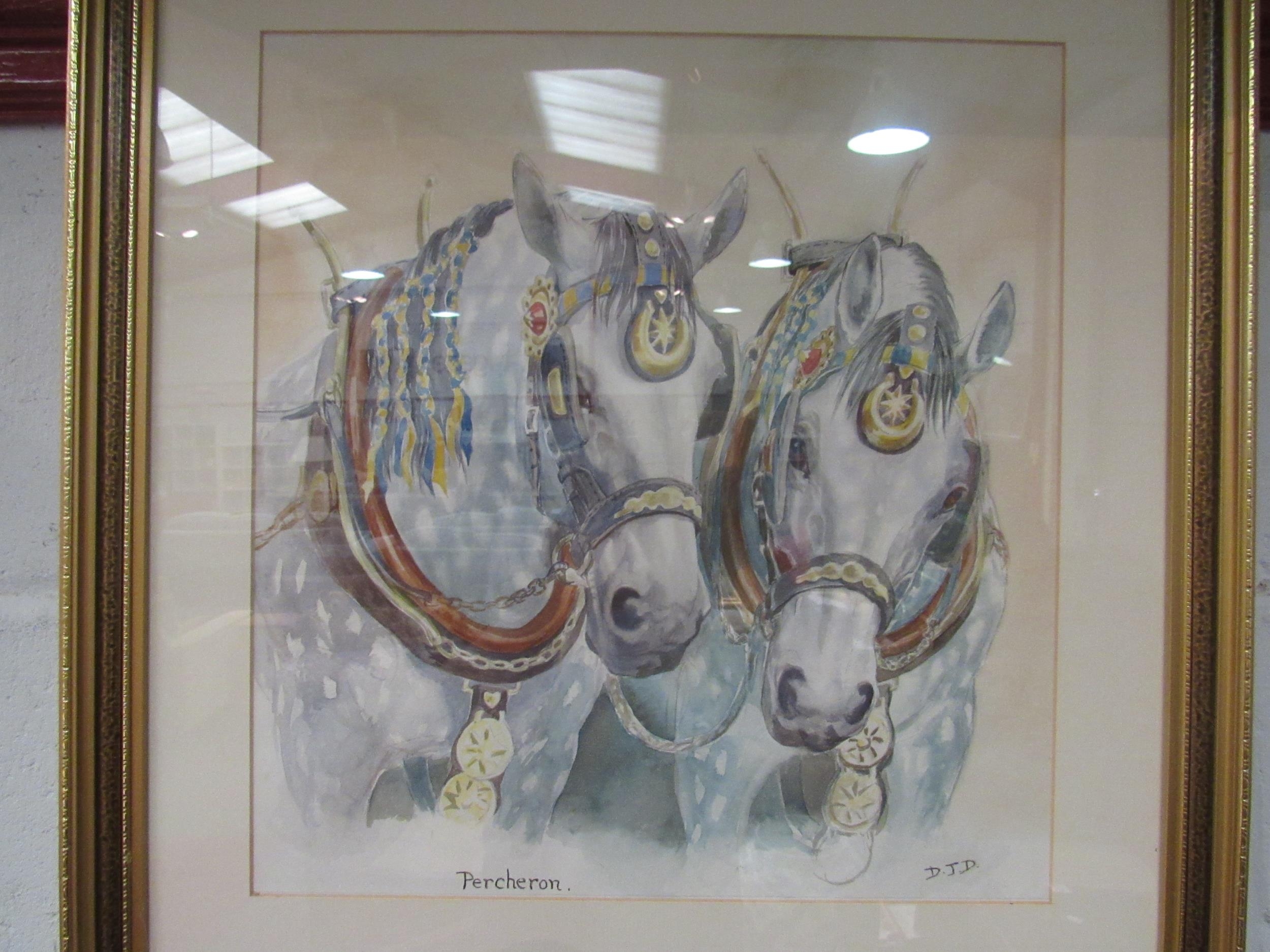 A pair of framed watercolours of horses, Suffolk Punch and Percheron, initialled to bottom right D. - Image 2 of 3