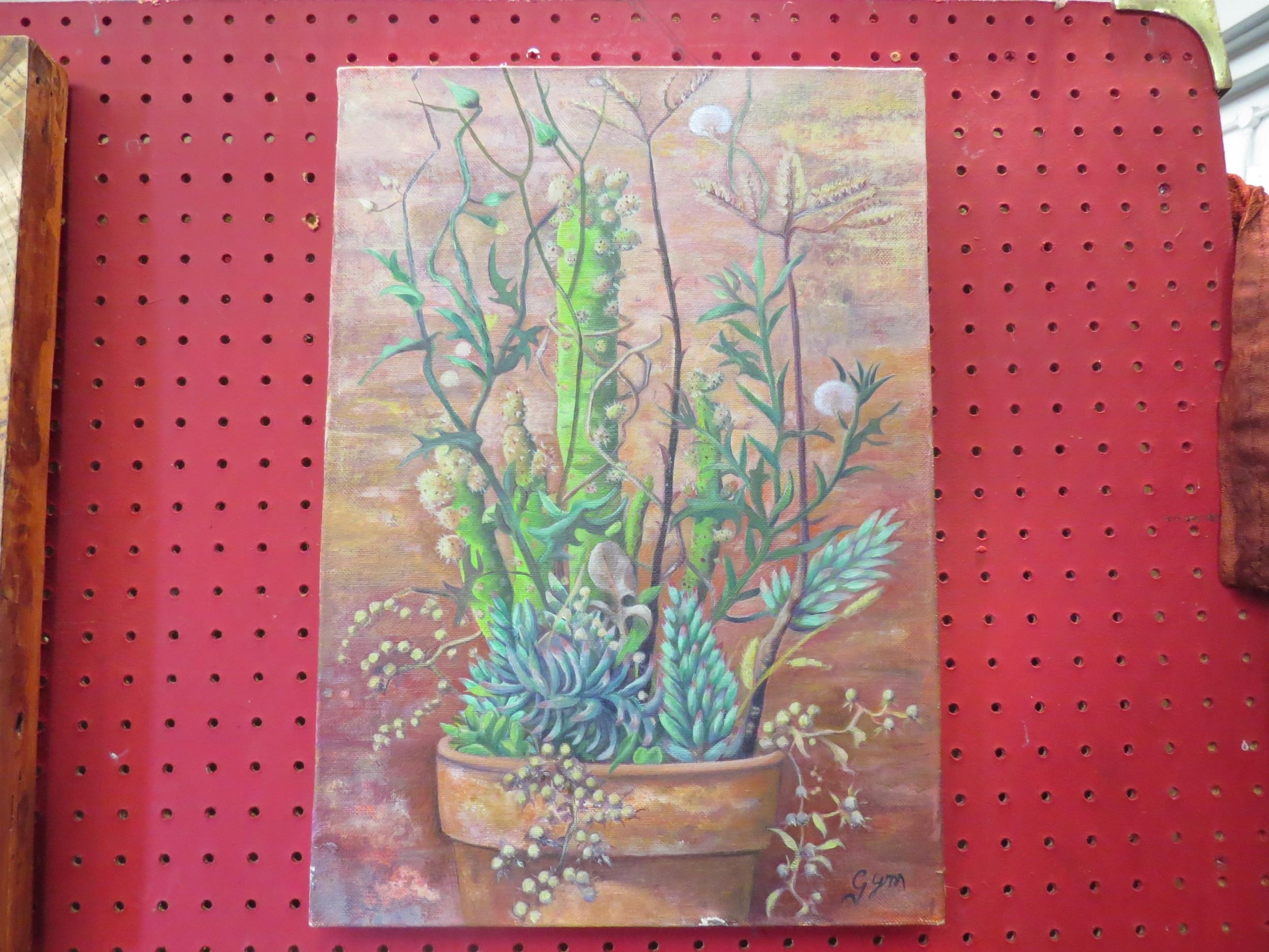 An oil on canvas of potted plants including cactus, signed lower right, reputedly Mexican artist,