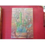 An oil on canvas of potted plants including cactus, signed lower right, reputedly Mexican artist,
