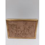 A carved stone plaque depicting farmers with chickens in gilt frame