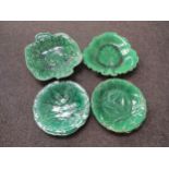 Five Victorian Majolica green leaf plates