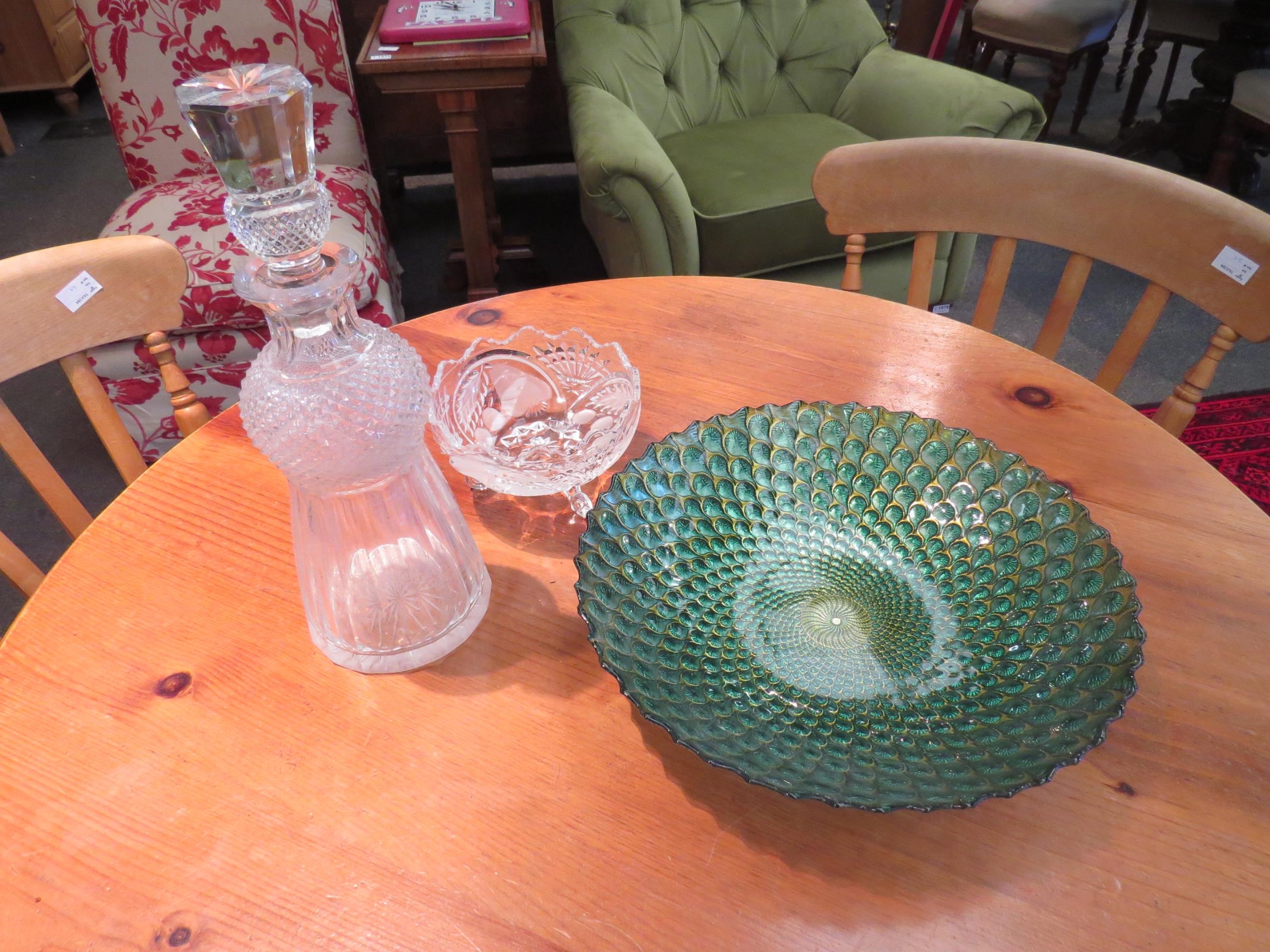 A Thistle crystal decanter, Gleneagles crystal bowl and modern peacock bowl (3)