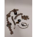 A selection of costume jewellery including bracelet stamped 800, a silver curb linked bracelet