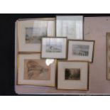 A quantity of framed pictures including 19th Century watercolour and engraving of Richmond Bridge (