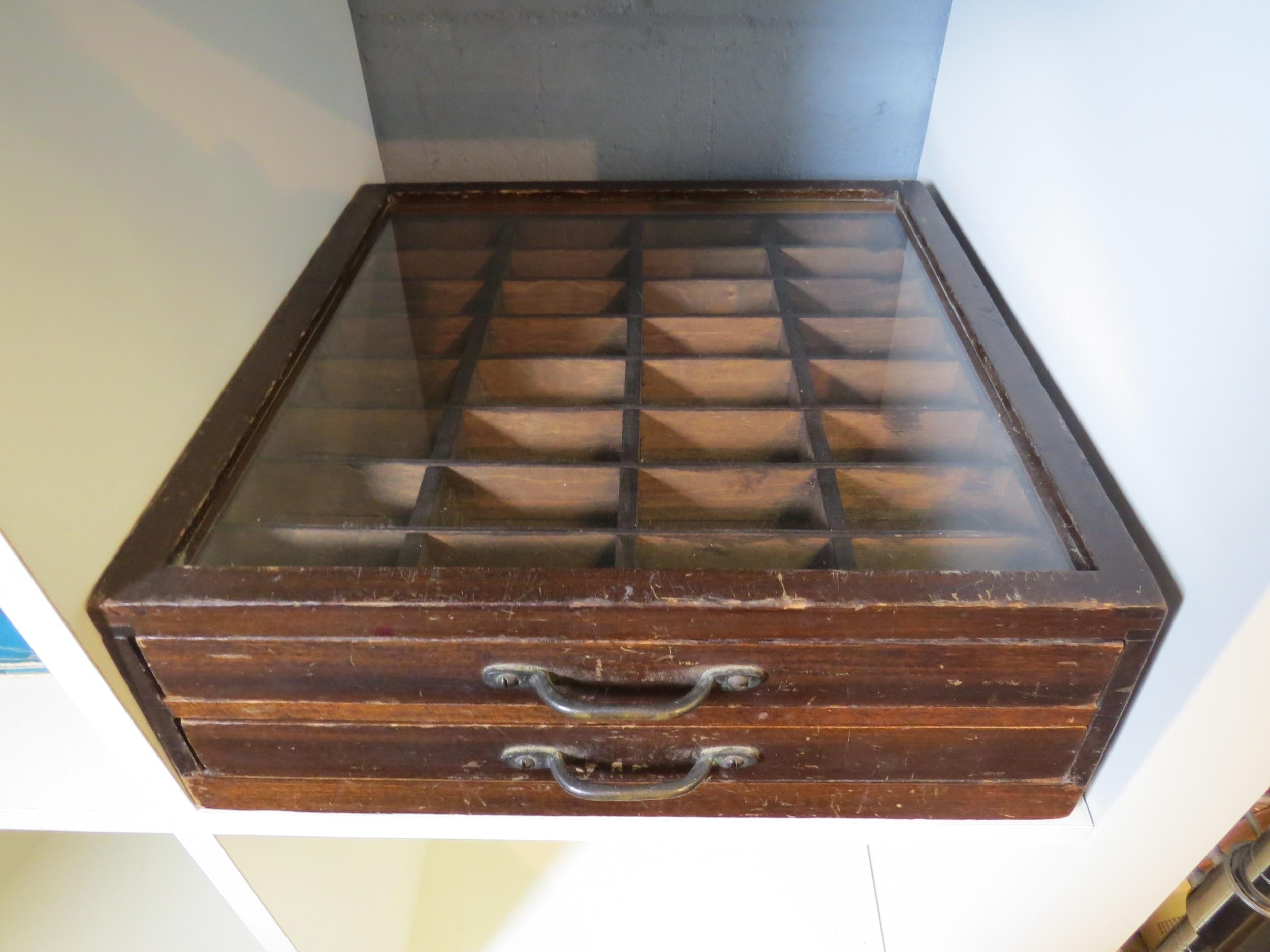 A 20th Century glass topped two drawer specimen case a/f