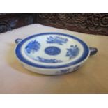 A Chinese style blue and white warming dish with small bird (Emu?) motif to rim. 25cm diameter