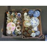 Two boxes of assorted china including blue and whtie ginger jar, lustre jugs, animal figures, etc